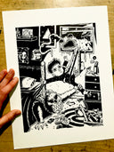 Black ink drawing on white paper of a children's bedroom with a boy being pulled out of his bed by a scary alien monster coming in from the window and a furry monster from under the bed. 