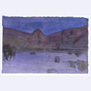 A watercolor landscape painting featuring purple and blue mountains, a pale lavender foreground, and dark silhouetted trees on the left, presented on a white background.