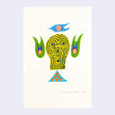 Colored marker illustration of a folklore style creature that looks partially like a mask with birds around it.