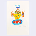 Colored marker illustration of a folklore style creature that looks partially like a mask with flames around it.