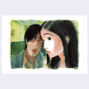 Illustration of two characters with a green indoor background