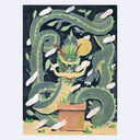 Illustration of a fierce but happy looking green dragon, with a long body with leaves growing off it. It swirls and wraps around itself, emerging from a pot on the ground.