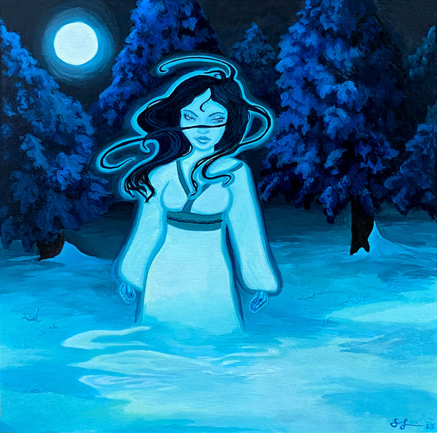 Blue monochromatic painting of a woman with a serious expression, standing in the middle of a snowy forest. Her hair flies around her with a bright glow and she wears a kimono, which disappears into the snow at the bottom. A full moon lights up the sky.