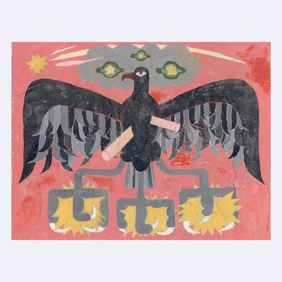Collage style illustration of a dark grey raven, with its wings extended out and slightly furled. It has 3 feet, which have very large talons that grasp yellow stars. Its body is punctured twice and a grey cloud floats atop its head. Background is red.