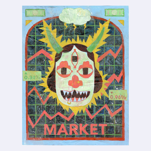 Collage style painting of a face wearing a mask with 3 eyes, a red nose and sharp teeth. They have brown hair and long green horns atop their head. Background is a grid with line chart of stocks, going up and down. "Market" is written at the bottom in red font.
