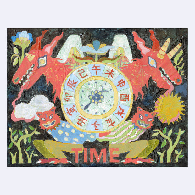 Collage style painting of a clock with Kanji on it, being held up by 2 red cat like demon creatures in clothes. Behind, are 2 large red horned goat like demons with long tongues draped out over a cloud and sun. "Time" is written at the bottom in red font.