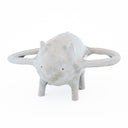 Ceramic sculpture of a gray character with small eyes and ears and standing on all fours. It has 2 mug handle like shapes coming out of its sides.