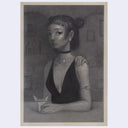 Softly rendered graphite illustration of a women sitting at a bar, with a floating hand pressed on her shoulder. She has a tiny shot glass with angel wings and a halo in her hand.