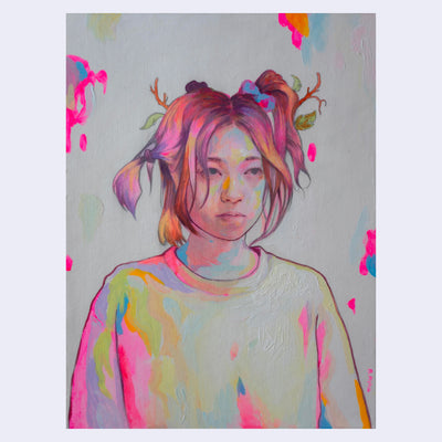 Painting of a girl with pink hair, tied up into different heights of ponytails. Colors are fluorescent pink, orange, yellow and blue on mainly white. 
