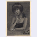 Softly rendered graphite illustration of a women sitting at a bar, with small black shadow characters sitting on her shoulders. She has a cocktail in front of her with folded glasses.
