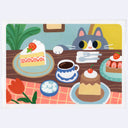 Illustration of a cat at a table with cakes and coffee, looking mischievous with a paw extending out towards a slice of strawberry cake.