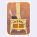 A textured pastel artwork depicting a vintage cream-colored wood-burning stove with a black kettle on top, set against a warm orange and purple textured background. 
