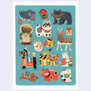 Collection of colorful animal illustrations on a blue background