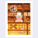 A whimsical bakery illustration with shelves of bread, pastries, and cartoon characters, centered on a light gray background.