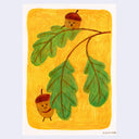 Artwork featuring two smiling acorns with brown caps on a green oak branch, set against a textured yellow-orange background on a white paper card with a light lavender border.