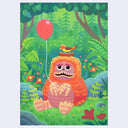 Illustration of an orange monster creature in a forest setting with a red balloon and bird.