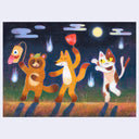 A colorful painted illustration of three cartoon animals dancing at night under a full moon: a brown tanuki holding a glowing lantern, an orange kitsune fox holding a red fan, and a white-and-brown cat with yellow eyes and 2 tails. The scene has blue-gray shadows on the ground and a dark sky with glowing clouds and orbs.