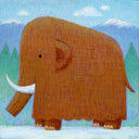 A textured painting of a brown woolly mammoth walking through a snowy landscape with green pine trees and blue mountains in the background.