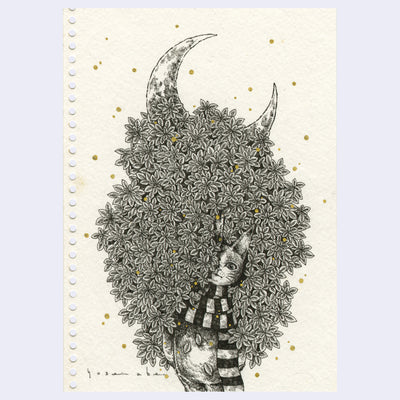 Black ink illustration on cream colored paper of a cat character wearing a scarf with many flowers piled atop of it and a crescent moon.
