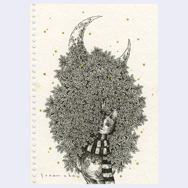 Black ink illustration on cream colored paper of a cat character wearing a scarf with many flowers piled atop of it and a crescent moon.