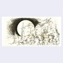 Ink illustration of a couple towers with clouds and a large moon behind.