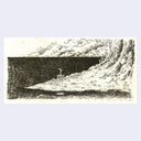Black and white illustration of a mountainous landscape with a cave entrance.