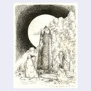 Illustration of a tall stone monument in a cloudy flat landscape with a large moon in the sky.