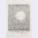 Graphite illustration of a large moon with a tiny procession of people and camels underneath.