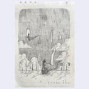 Graphite illustration of a cloaked cat character, standing in the desert and looking out at a figure on a window ledge.