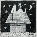 A black and white hand-drawn cartoon illustration showing Snoopy and Woodstock sitting on a dog house at night under a crescent moon and stars, with the signature 'GARDUNO' in the lower right corner.