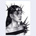 Highly rendered greyscale illustration of a woman, looking off to the side with a large crown of thorns and one spiked shoulder armor.