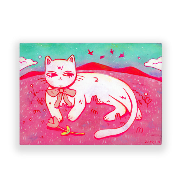 Illustration of a white cartoon cat with a bow tie on a colorful background, a pink outdoor exterior with a mountain range in the background.