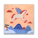 A stylized painting of a white winged horse with red and blue accents flying over blue mountains and a pale peach sky, shown as a square art print on a white background.