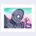 Illustration of the Iron Giant, a giant metal robot, folding several pieces of scrap metal into a tree.