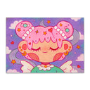 Cartoon character with pink hair and angel wings on a purple background