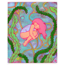 Painting of a cartoon style girl laying in a fetal position while floating in an underwater setting with kelp. Artwork is outlined in bright pink.