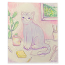 Illustration of a cat sitting at a desk with stationery items, signed by Zoe Cain.