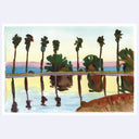 A watercolor painting of palm trees reflected in calm water, with a pale sky, pink horizon, and brown foreground, shown against a light gray background.