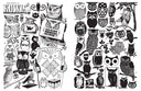Open 2 page zine booklet spread of scanned and illustrated black and white imagery of cartoon owls.