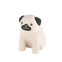 Front view of a natural wood grain sculpture of a pug.