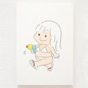 Cartoon character holding a water gun on a white background, walking with flip flops.