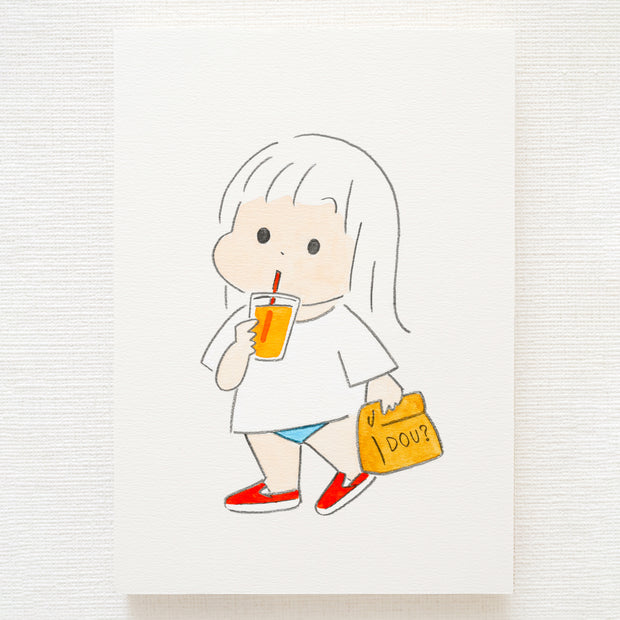Cartoon character of a child drinking from a straw with an orange drink, holding a takeout bag that reads "dou?"