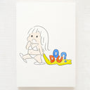 Cartoon child carrying a yellow blanket behind her with the word "DOU?" on it.