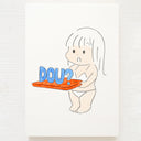 Cartoon character child holding a red tray with 'DOU?' text on it. She has a surprise face.