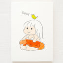 Illustration of a child with a bird on its head, sitting and wearing an orange inflatable ring.