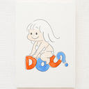 Cartoon illustration of a child sitting atop of letters spelling out "DOU?" colored red and blue.