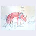 A whimsical hand-drawn illustration of a red fox wearing a blue beaded necklace, walking through an urban scene with blue sketch lines on a cream paper background.