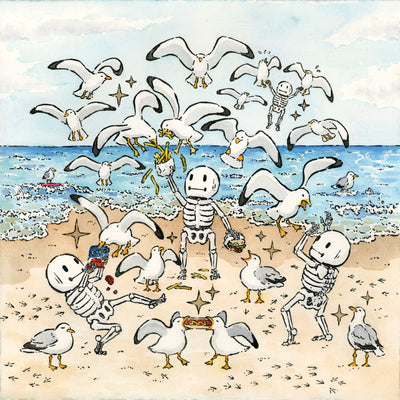 Watercolor illustration of several cartoon skeletons at the beach on an overcast day. They interact with a large flock of seagulls, who all descend down upon them to try and steal their food. Some skeletons resist, while others feed them.