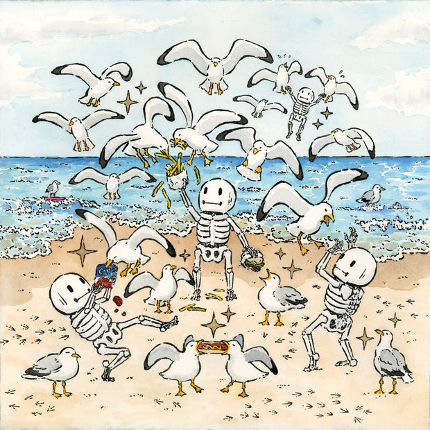 Watercolor illustration of several cartoon skeletons at the beach on an overcast day. They interact with a large flock of seagulls, who all descend down upon them to try and steal their food. Some skeletons resist, while others feed them.