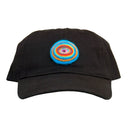 Black cap with a colorful needle felted design in the center of an eye with many colorful circles around it.